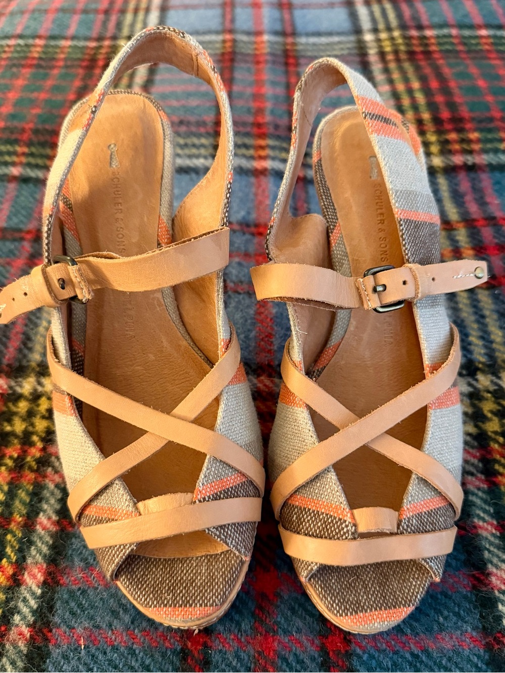 Size 5.5 Schuler & Sons Neo Striped Burlap Fabric Wedge Heeled Sandals